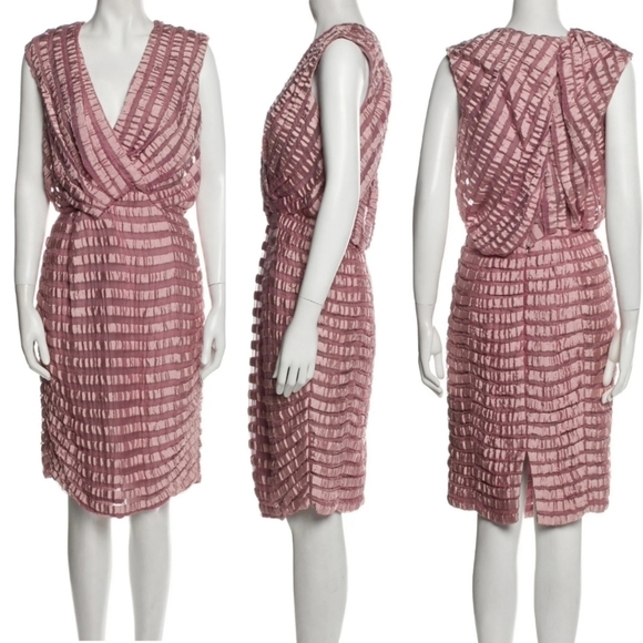 New Carolina Herrera Striped Sleeveless Silk Blend Pink Cocktail Midi Dress 4 US - Picture 6 of 10